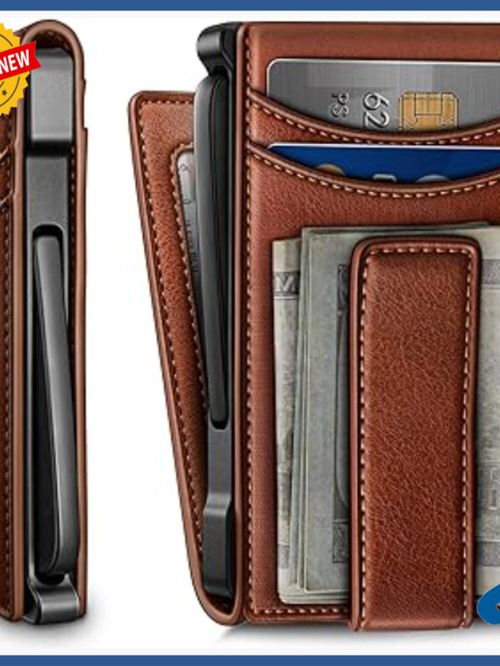 Men's Leather Wallet with Metal Money Clip, RFID Blocking, Magnetic Closure